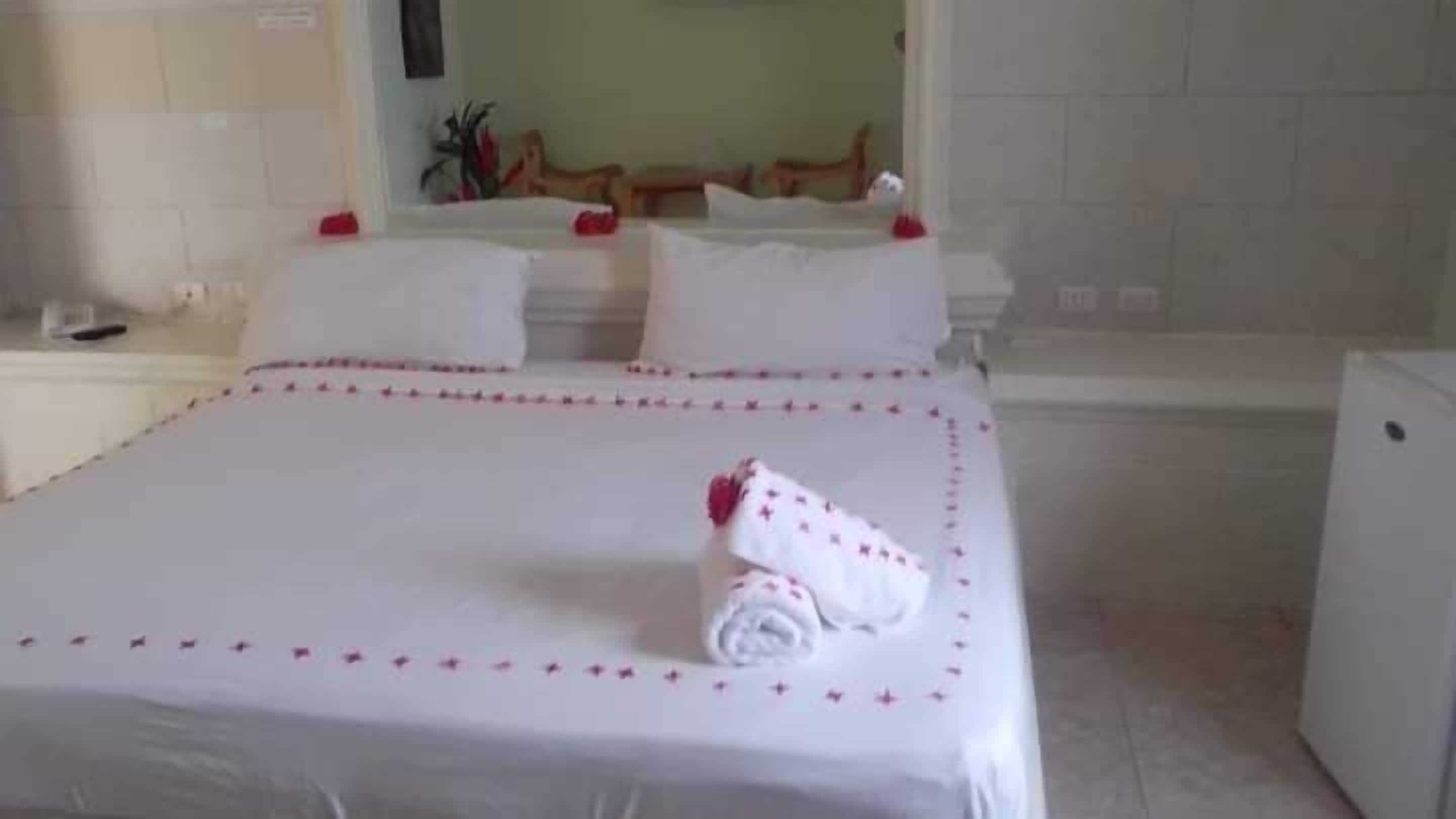 Habitación de hotel con una cama grande, dos almohadas, una mesita de noche, un espejo y un armario blanco pequeño.