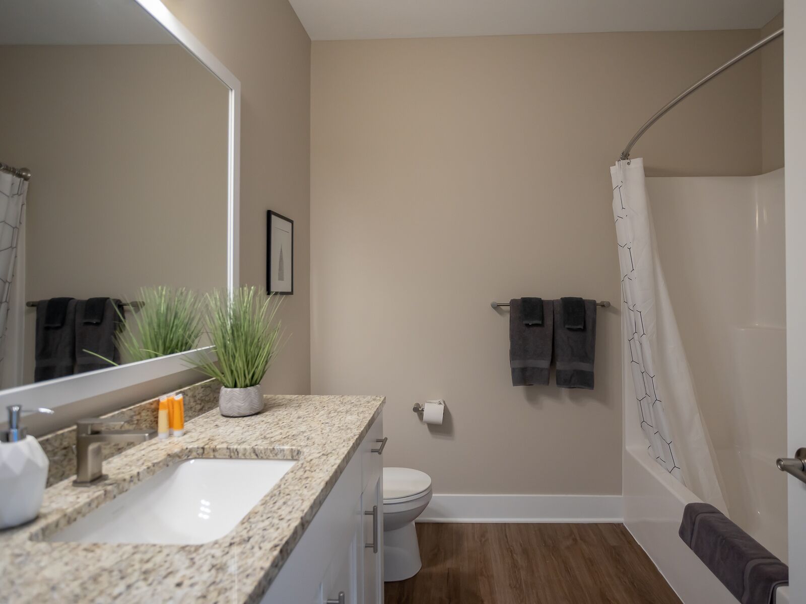 A bathroom with a granite countertop, a toilet, a shower with a curtain, and a potted plant.