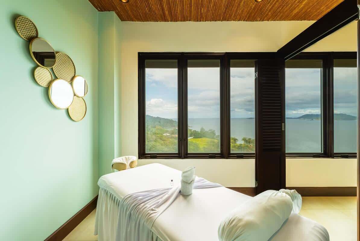 A spa room with a massage table, a wall-mounted mirror, and a large window offering a view of the landscape.