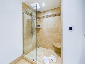 Shower, hair dryer, towels, shampoo