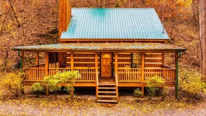 Eine Holzhütte mit einem grünen Dach, umgeben von Herbstlaub.