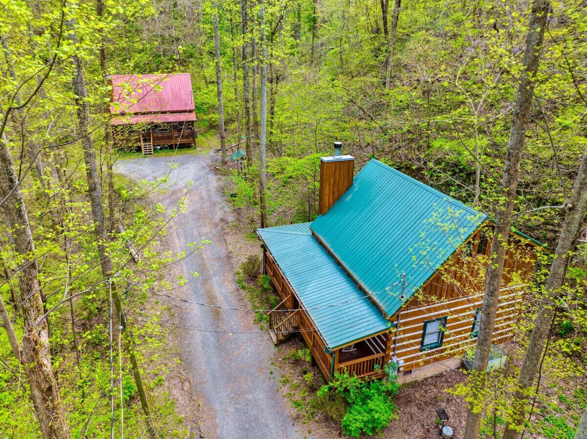 A cabin with a green roof, surrounded by dense forest, accessible by a narrow path.