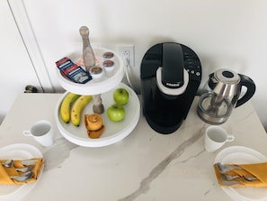 Microwave, coffee/tea maker, electric kettle, cookware/dishes/utensils