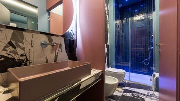 Shower, hair dryer, bidet, towels