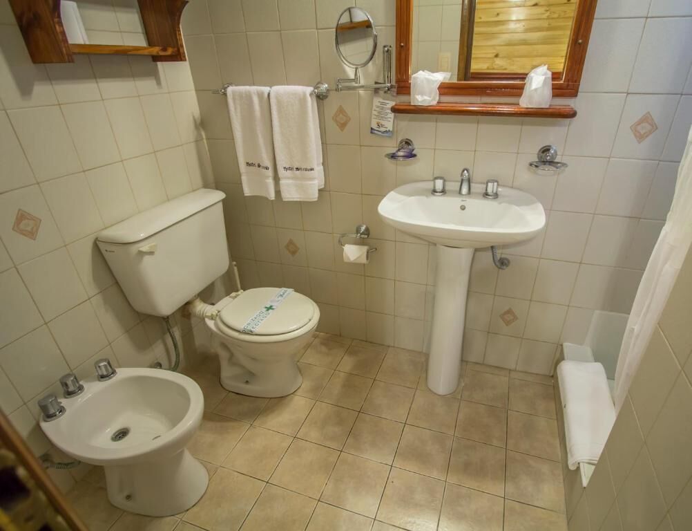 A bathroom with a toilet, bidet, sink, and a mirror.