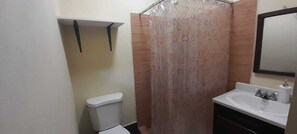 Une salle de bain équipée de toilettes, d’un lavabo, d’un miroir et d’un rideau de douche.
