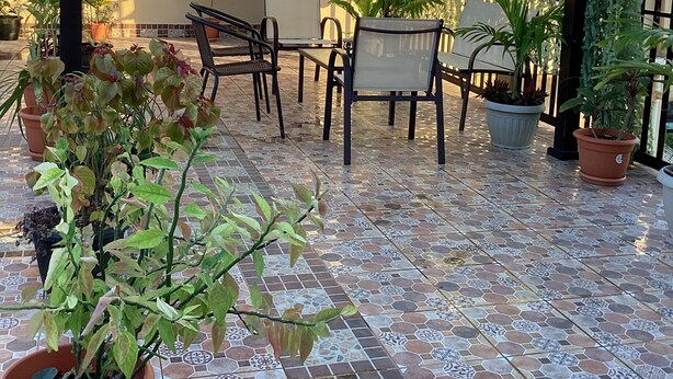 A covered patio area with tiled flooring, outdoor furniture, and potted plants.