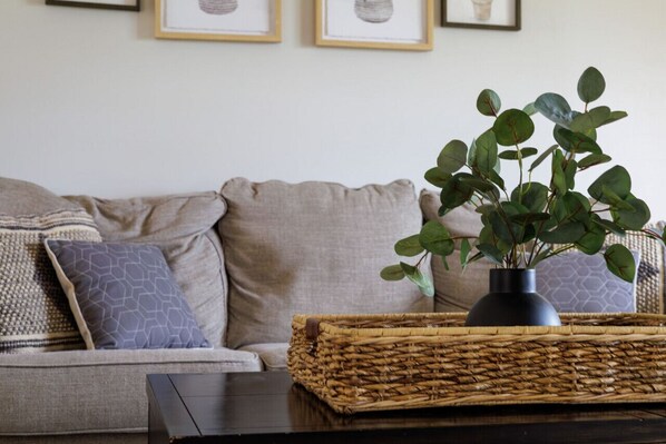 Ein Wohnzimmer mit einer Couch, Kissen, einem gewebten Korb und einem Blumentopf.