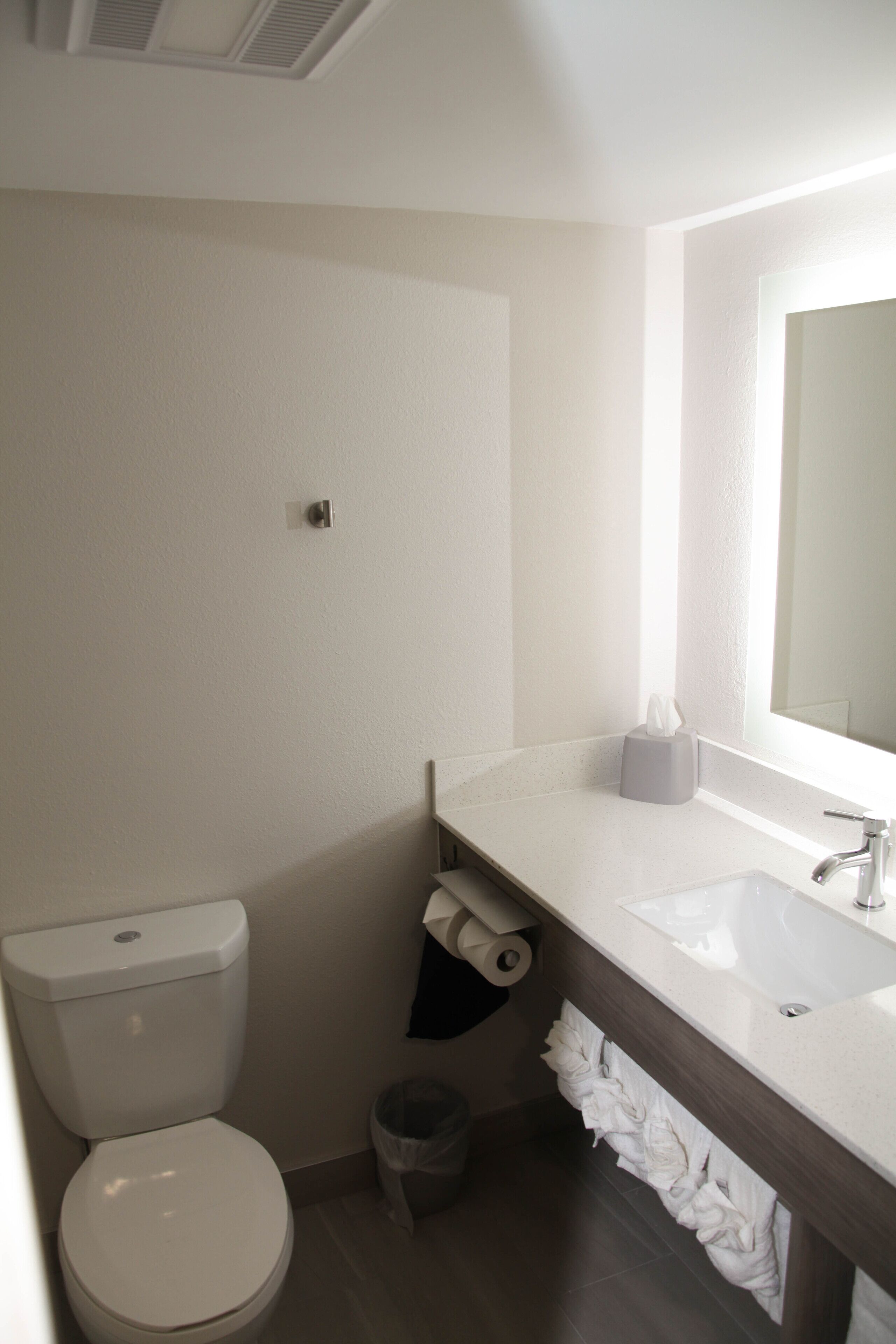 A bathroom with a toilet, sink, and mirror.