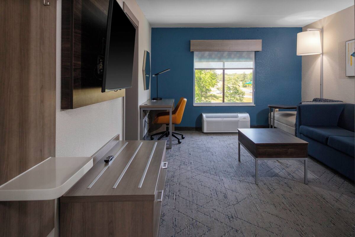 A modern hotel room with a flat-screen TV, a desk with an office chair, a sofa, a coffee table, and a window with a view of greenery.