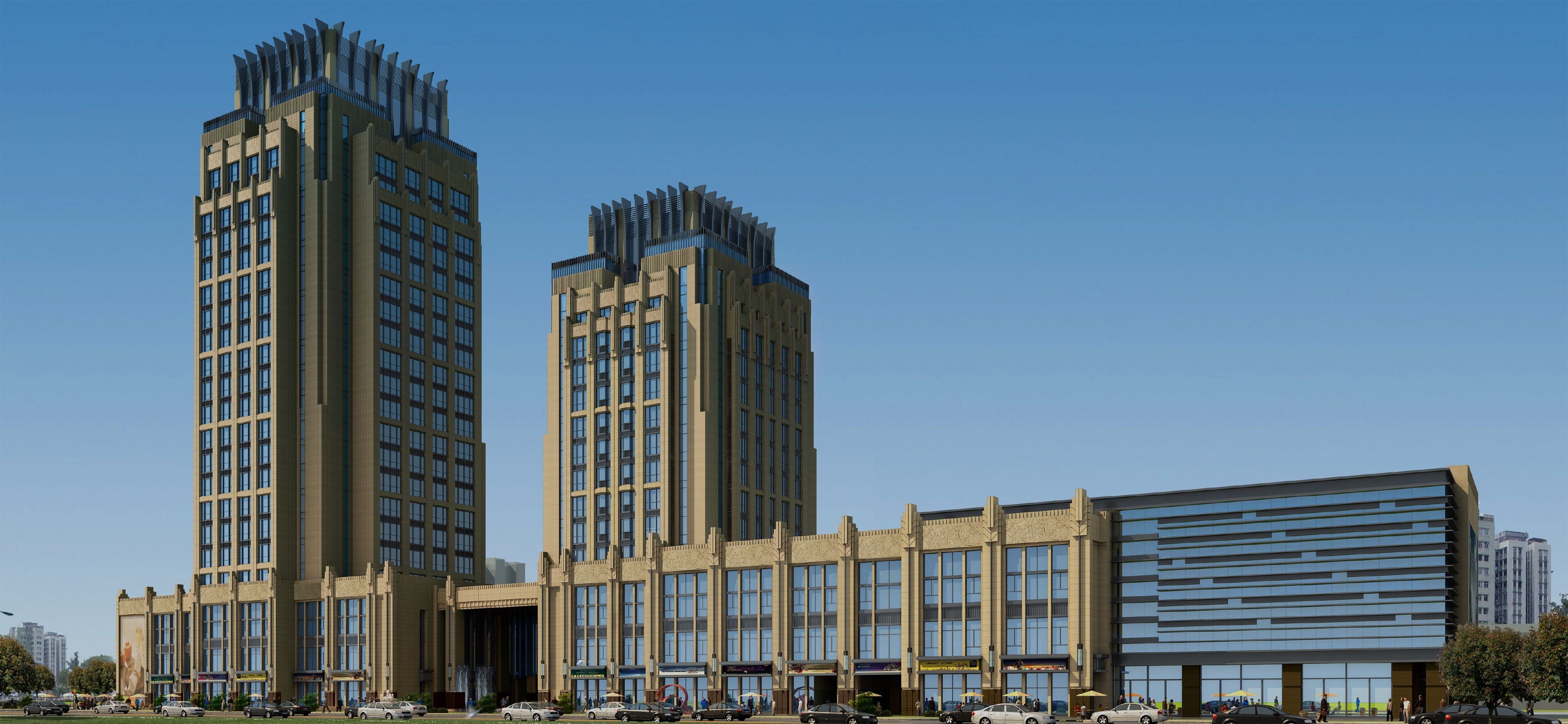 A modern building with multiple floors, large windows, and a flat roof.