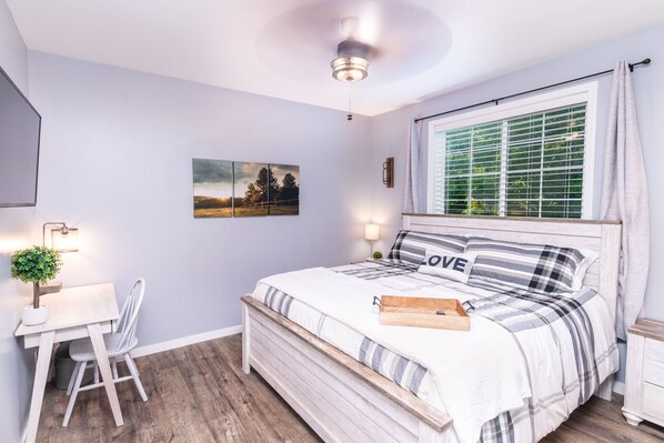 1 bedroom, desk, iron/ironing board, travel cot