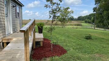 Une terrasse en bois qui mène à une maison, avec un petit arbre et du paillis dans le jardin.