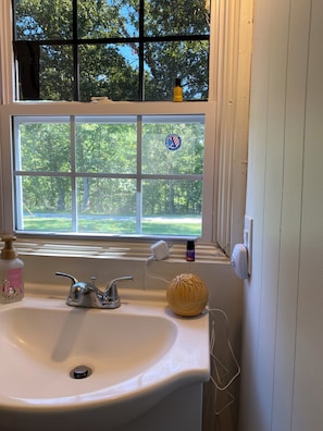 A bathroom with a window, a sink, a bottle of shampoo, and a small wooden bowl.