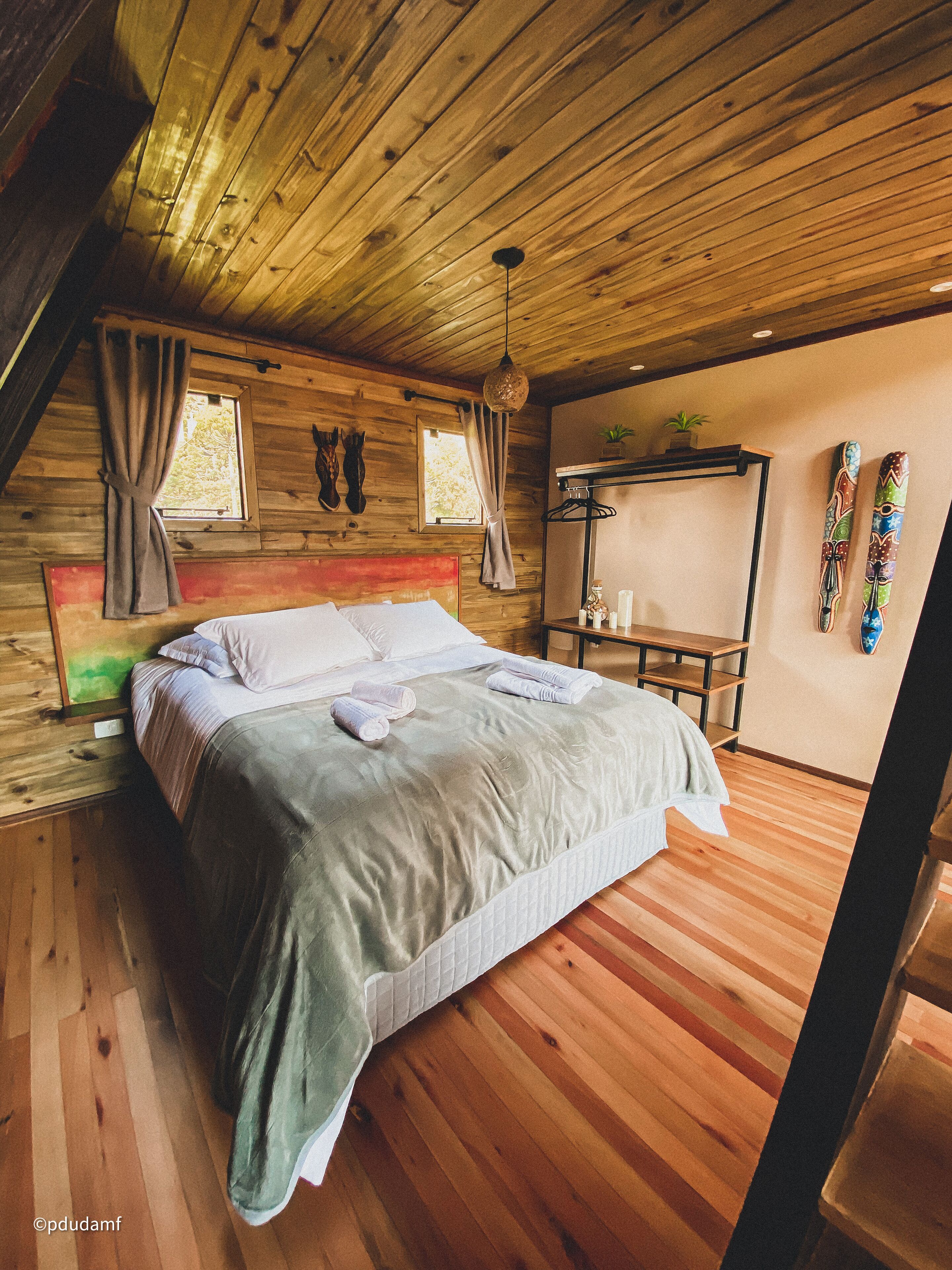 Un dormitorio de cabaña de madera con una cama, cortinas, una planta colgante y esquíes en la pared.