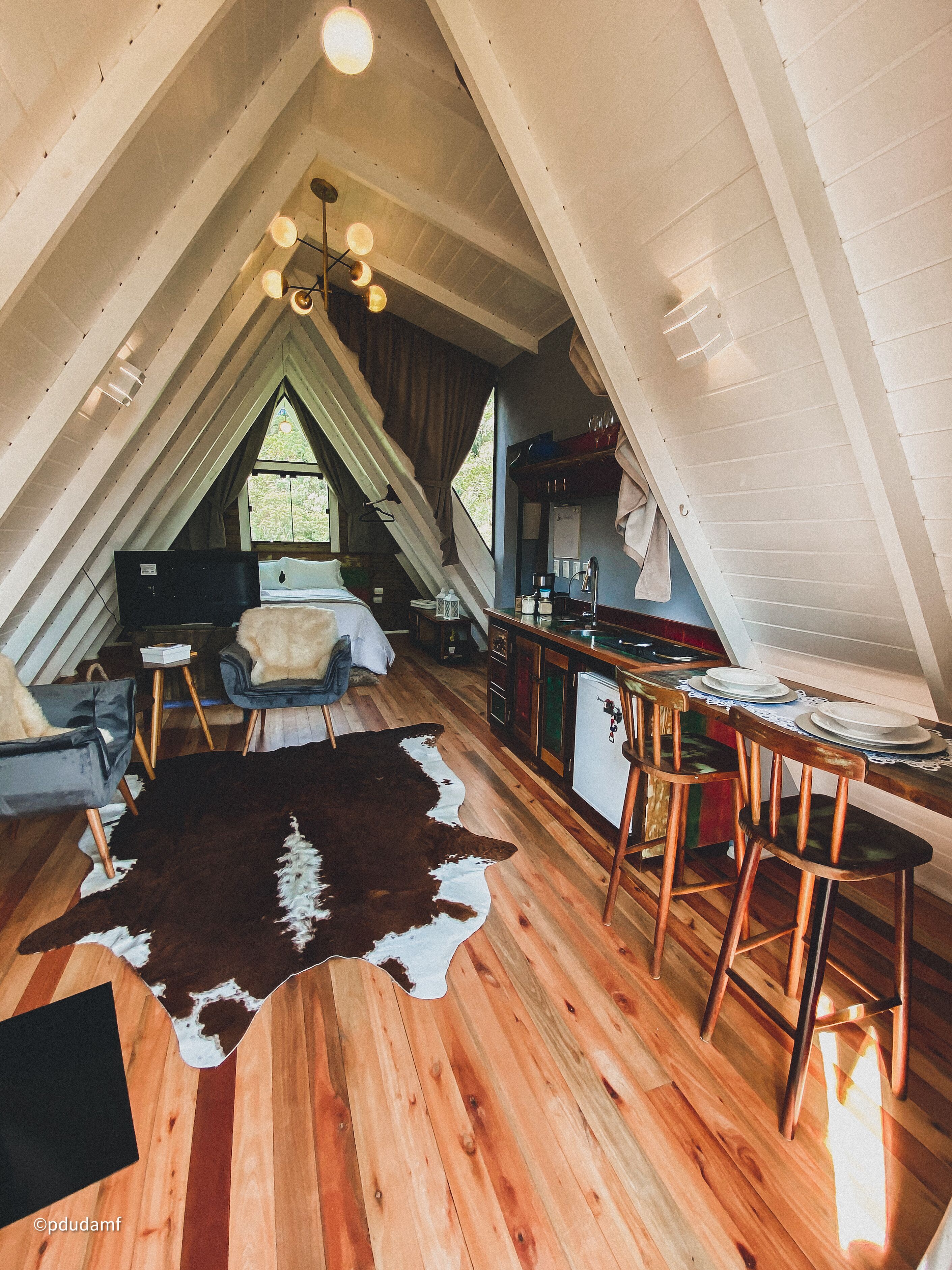 Um quarto de sótão aconchegante com teto inclinado, piso de madeira, um tapete de pele grande, uma cama, uma escrivaninha e uma cozinha compacta.