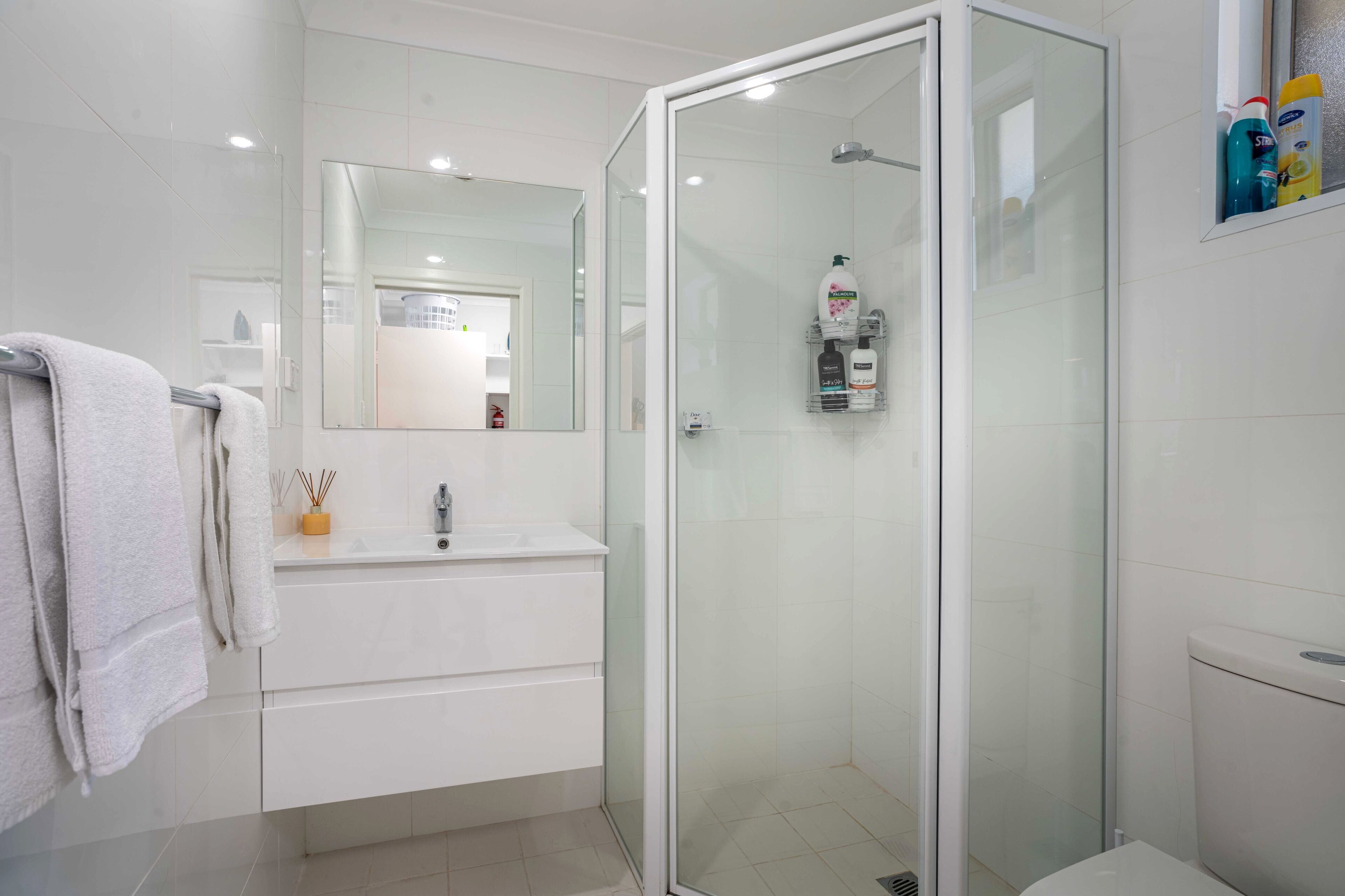 Shower, hair dryer, towels, soap
