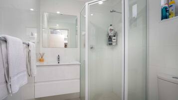 Shower, hair dryer, towels, soap