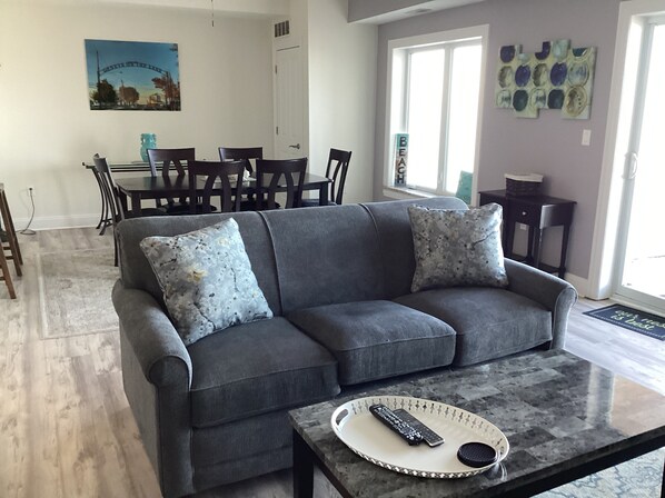 Smart TV, fireplace, books