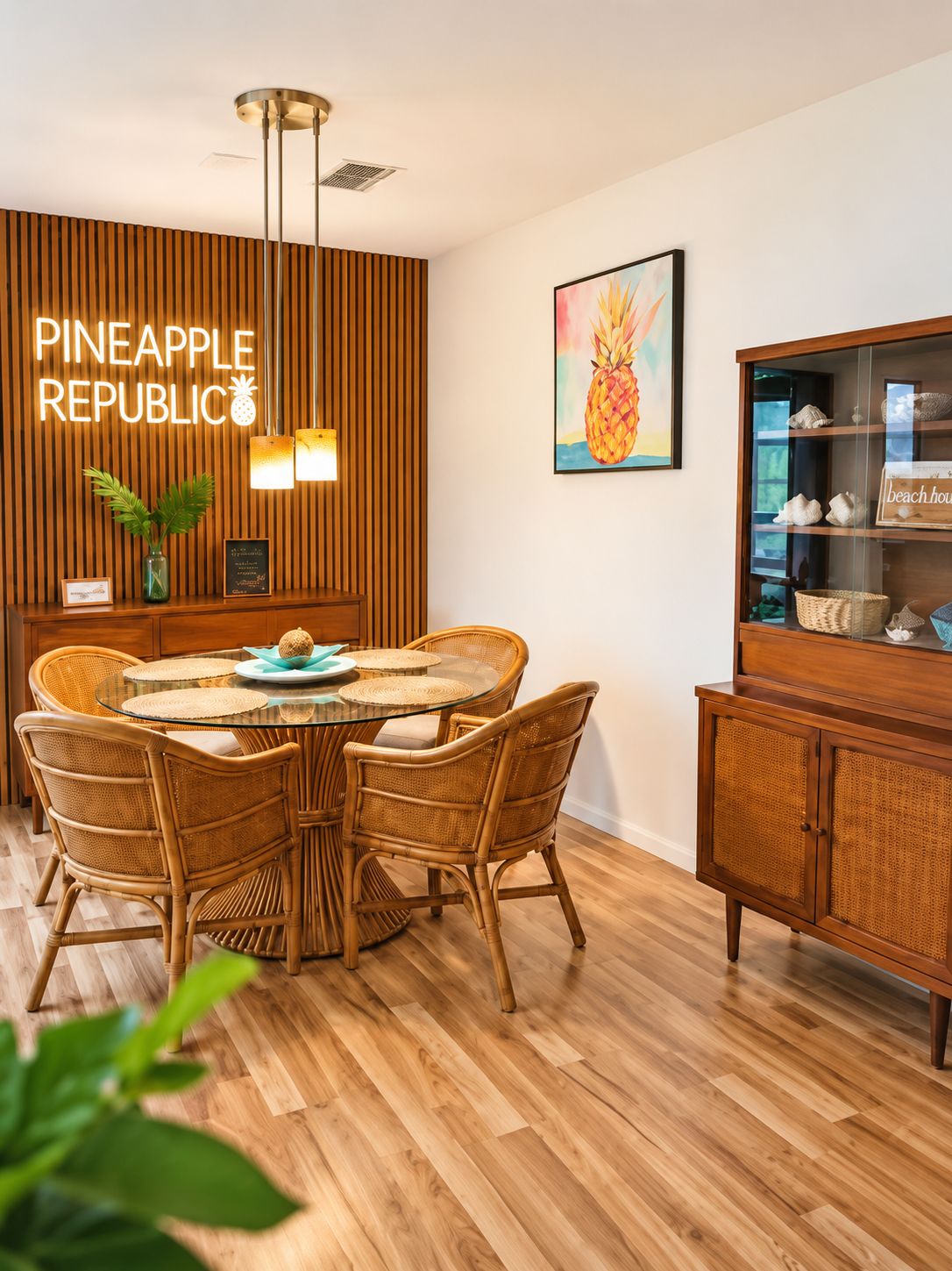 Un comedor con pared de madera, una mesa de vidrio, sillas de mimbre y un mueble con adornos.