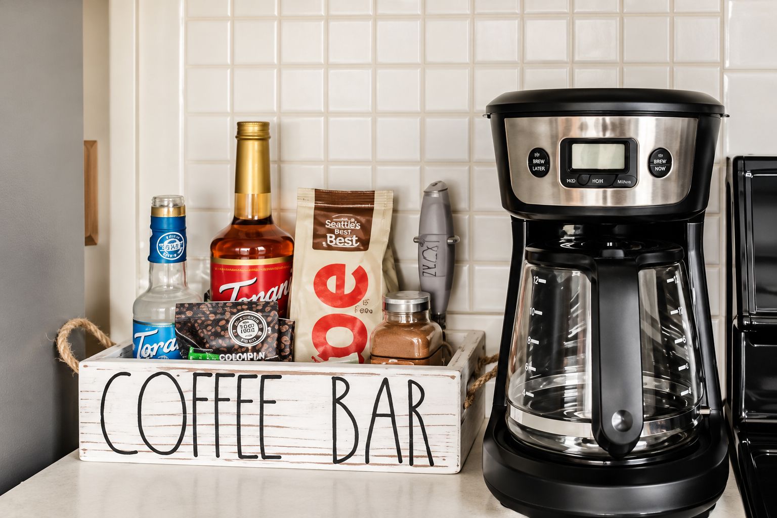 A coffee bar setup with a coffee maker, Torani syrup, a bottle of liquor, and coffee pods.