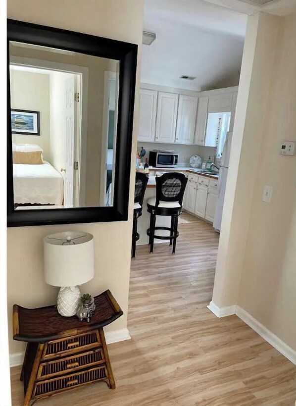 Combined shower/tub, hair dryer, towels, soap
