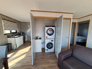Un espace de vie compact comprenant une kitchenette, un lave-linge et un canapé.