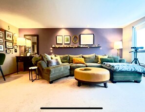 Smart TV, fireplace, video games, DVD player