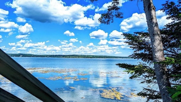 Blick auf einen See mit einer Holzterrasse, ruhigem Wasser und blauem Himmel.