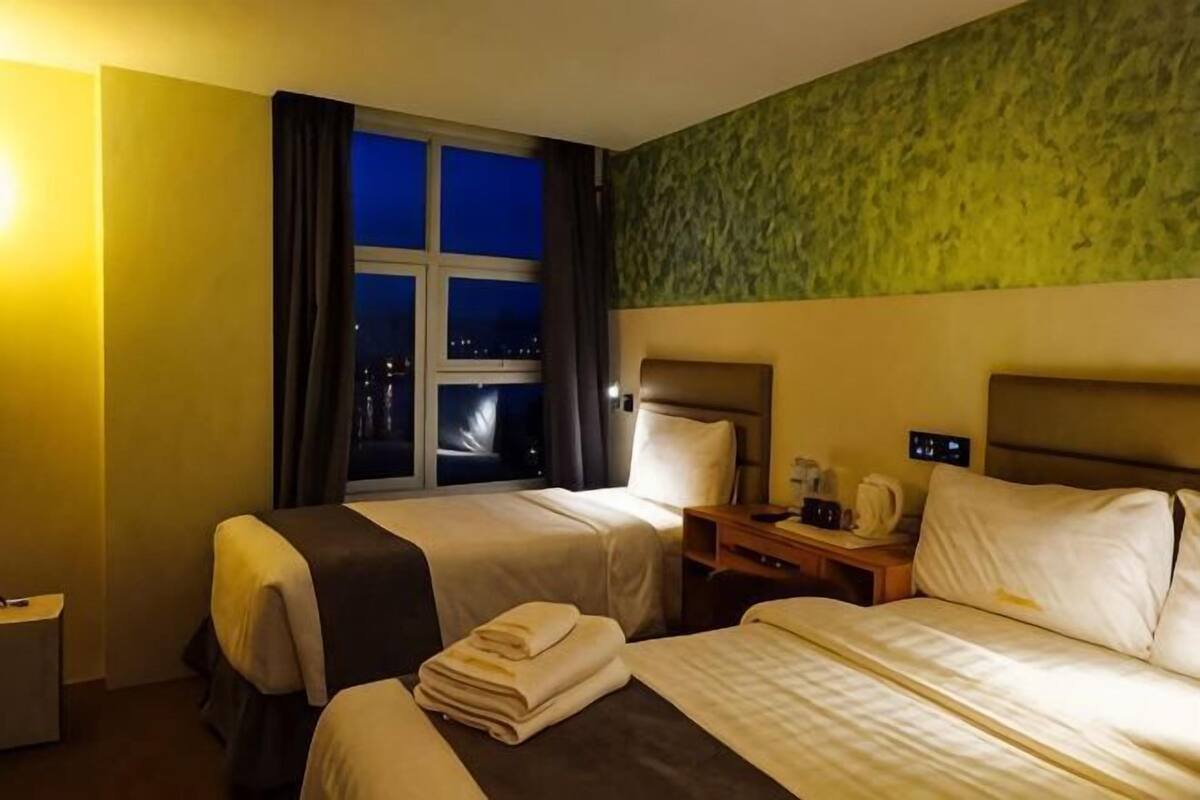 Une chambre d’hôtel avec deux lits, une table de chevet, une fenêtre avec des rideaux et un mur vert à texture.