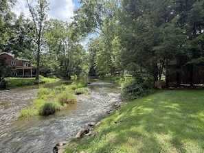 A river flowing through a wooded area with a house on the left.