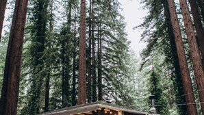 A cabin with a stone foundation, wooden exterior, and a porch with string lights.