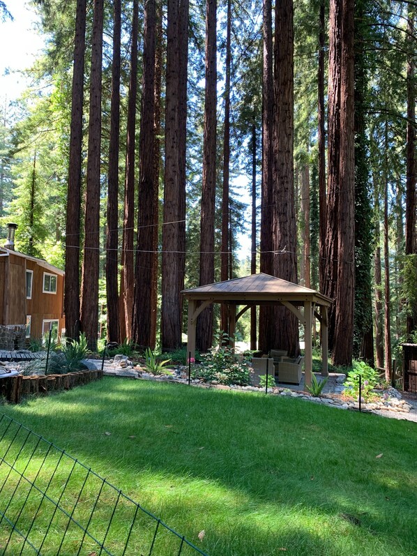 A wooden cabin with a pergola in a forested area.