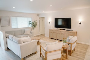 Smart TV, chimenea, reproductor de DVD y libros 