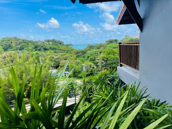 A view from a balcony overlooking a lush, green landscape with a clear sky.