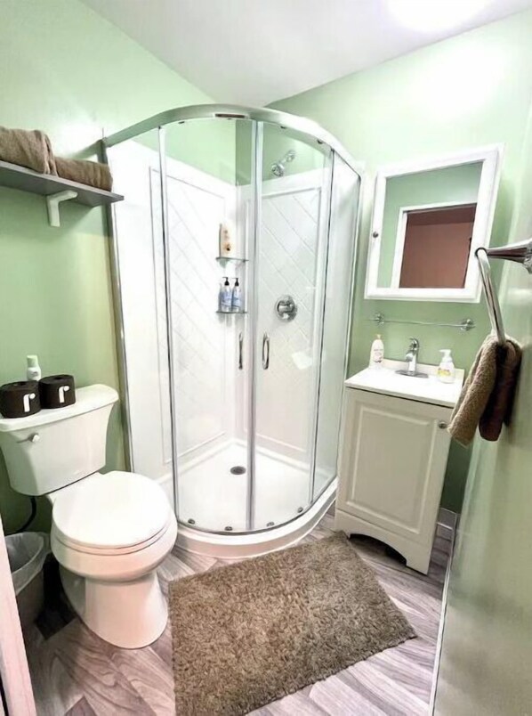 Shower, towels, soap, toilet paper