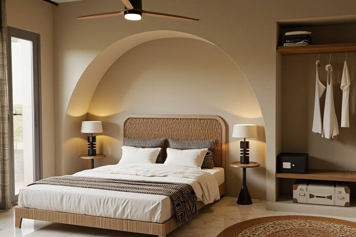 Un dormitorio moderno con una cama grande, dos lámparas de noche, un ventilador de techo y estantes empotrados con toallas y un refrigerador pequeño.