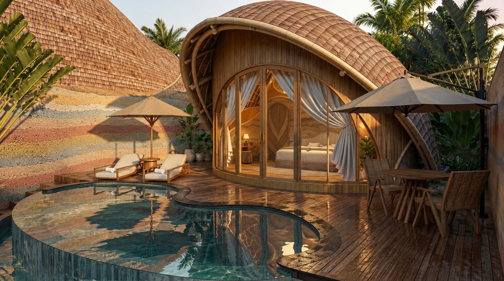 A resort with a pool, a bedroom with a view, and a dining area.