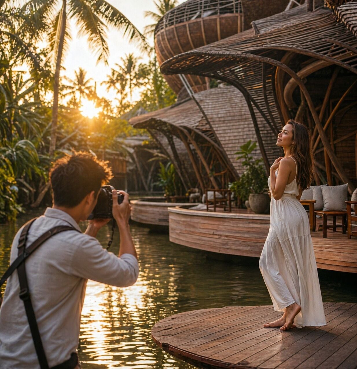 A wooden deck with a person taking a photo of another person standing by a water body, surrounded by palm trees and wooden structures.