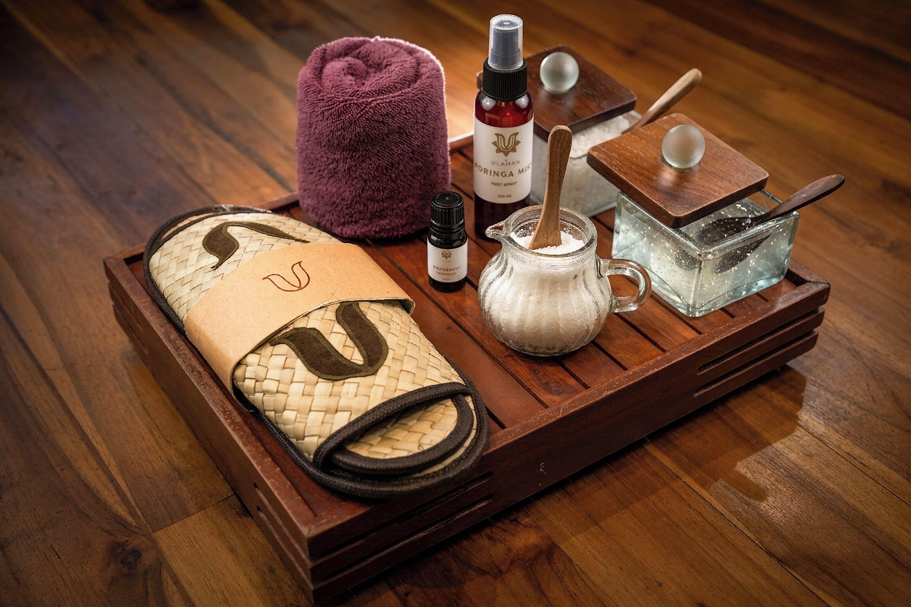 A wooden tray with a towel, a bottle, a wooden spoon, a glass container, and a purple towel.