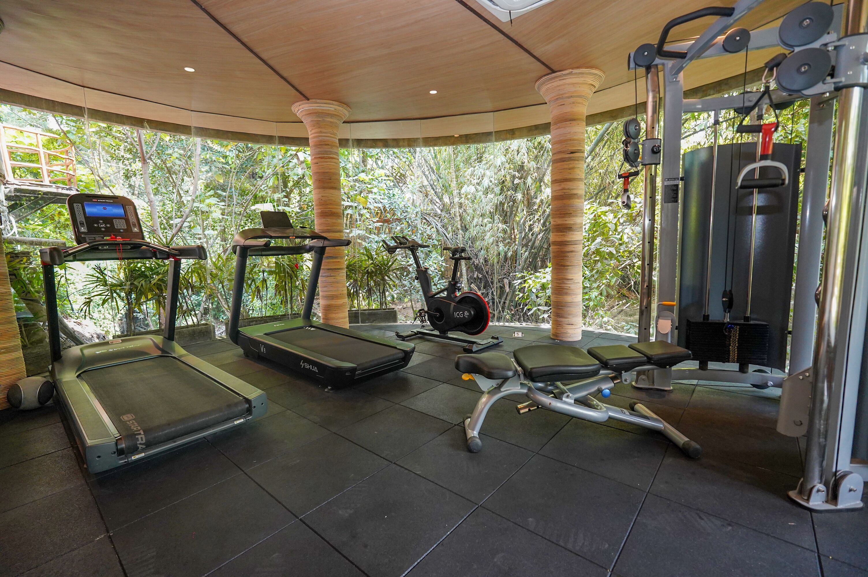 Un gimnasio con cintas de correr, elípticas y máquinas de pesas, rodeado de amplias ventanas y columnas.