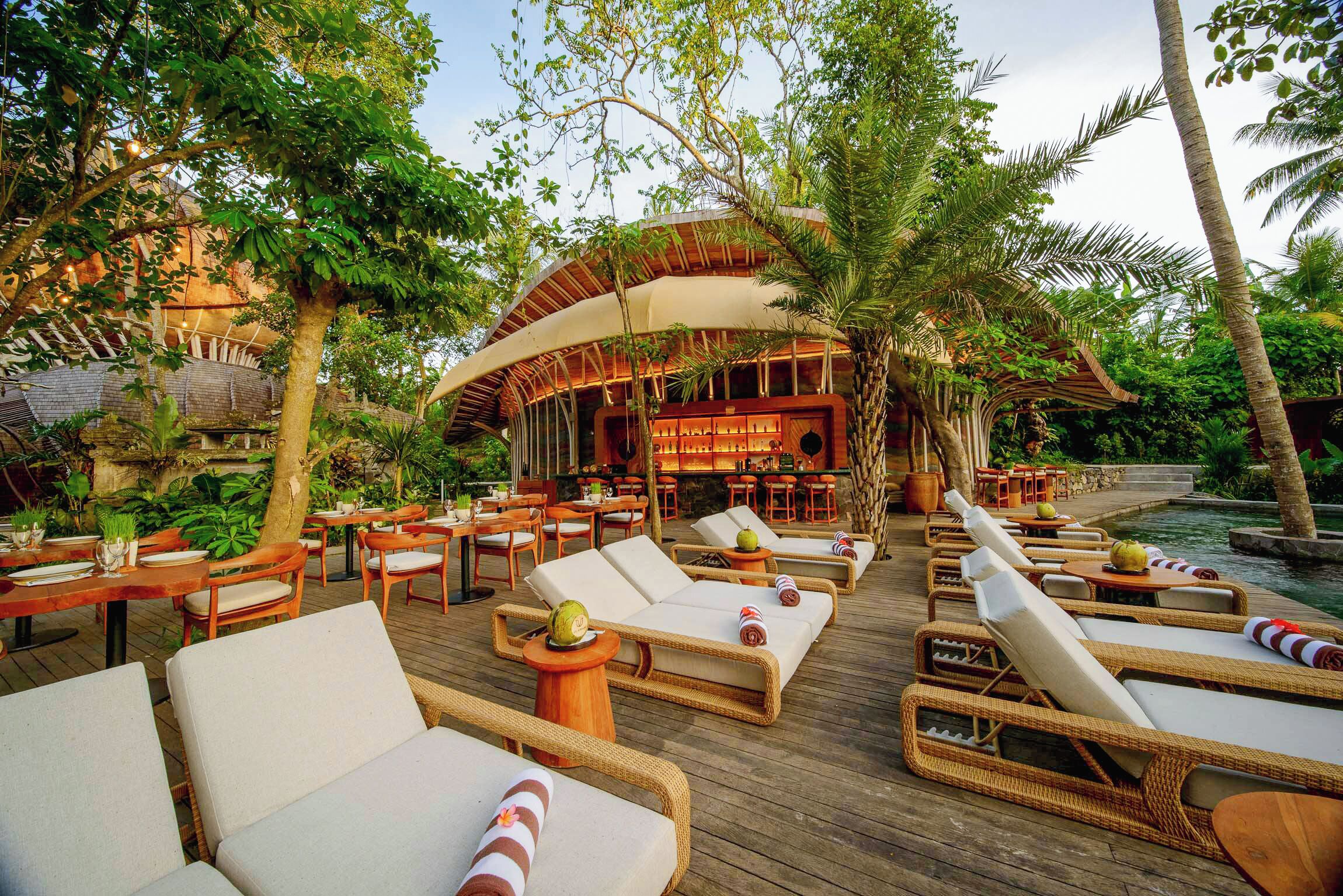 A wooden deck with lounge chairs, tables, and a bar area surrounded by tropical vegetation.