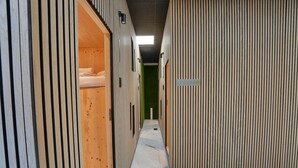 Un pasillo con una puerta de madera a la izquierda y una pared verde al fondo.