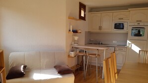 Un espace de vie compact comprenant un canapé, une table à manger et un coin cuisine.