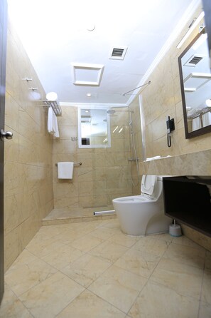 Shower, free toiletries, hair dryer, bathrobes