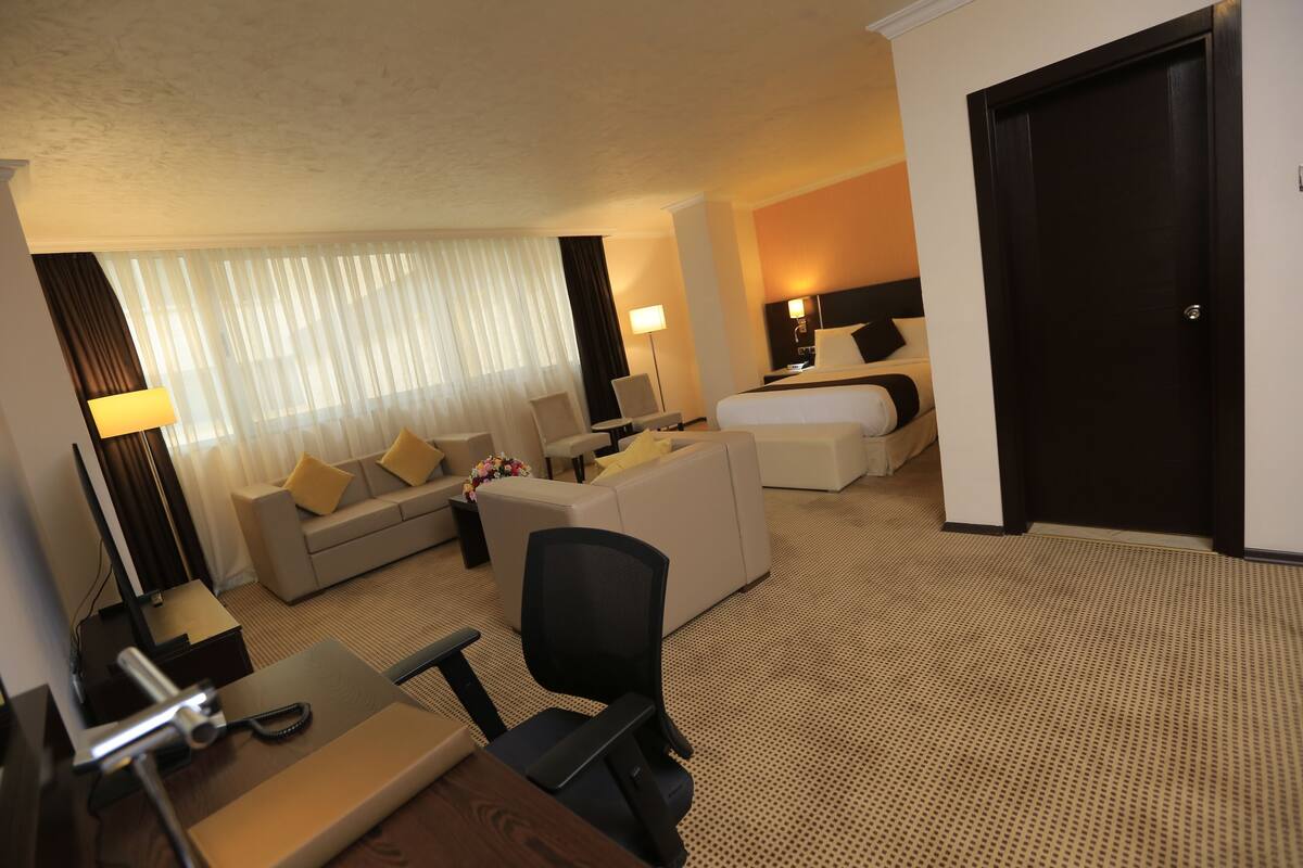 A hotel room with a bed, a sofa, a desk, and a chair.