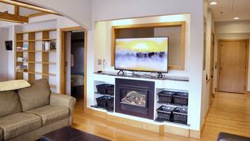 Smart TV, fireplace, books