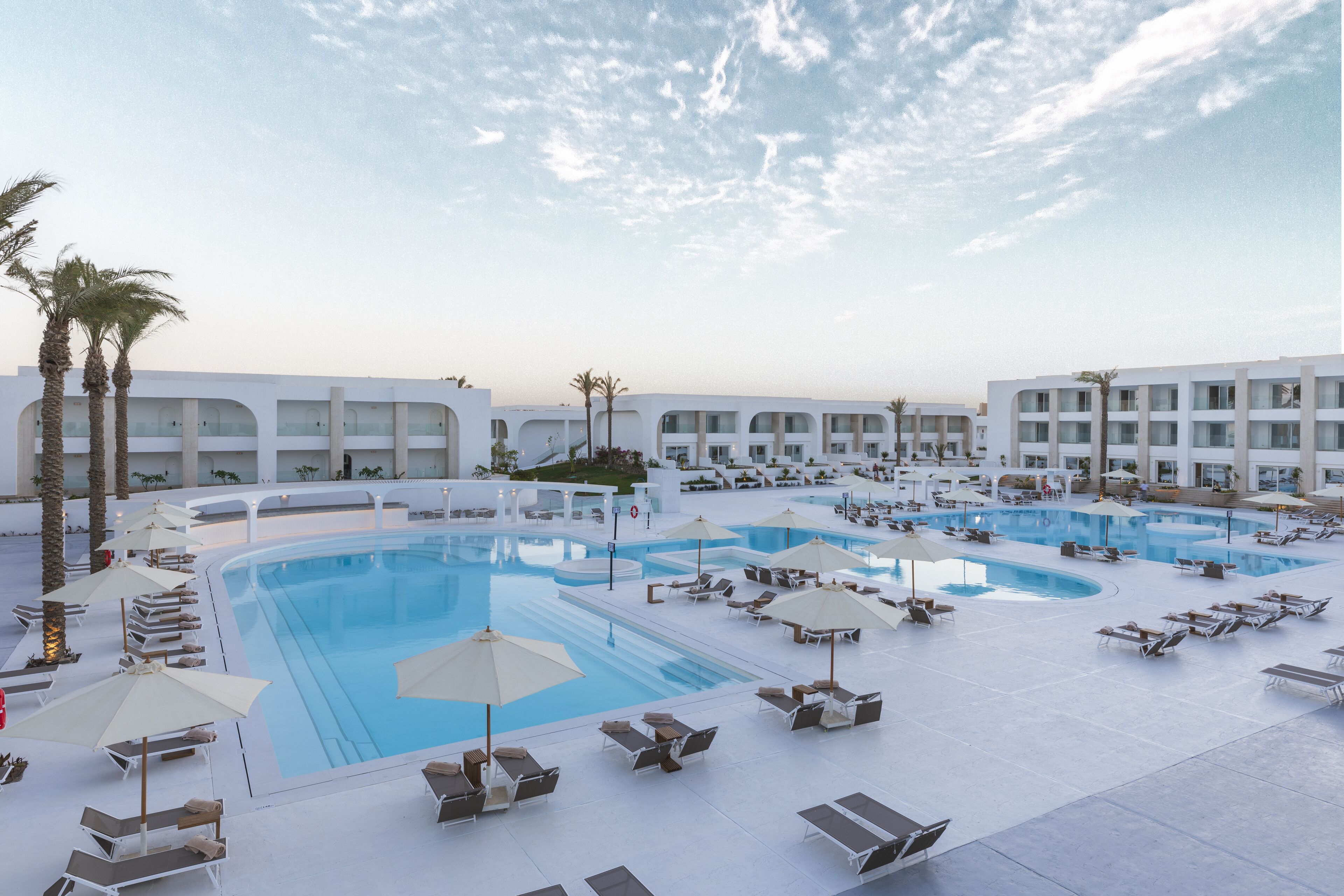 A large outdoor swimming pool with multiple lounge areas and palm trees.
