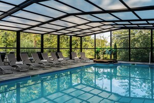 Indoor pool, open 9:30 AM to 8:30 PM, pool umbrellas, sun loungers