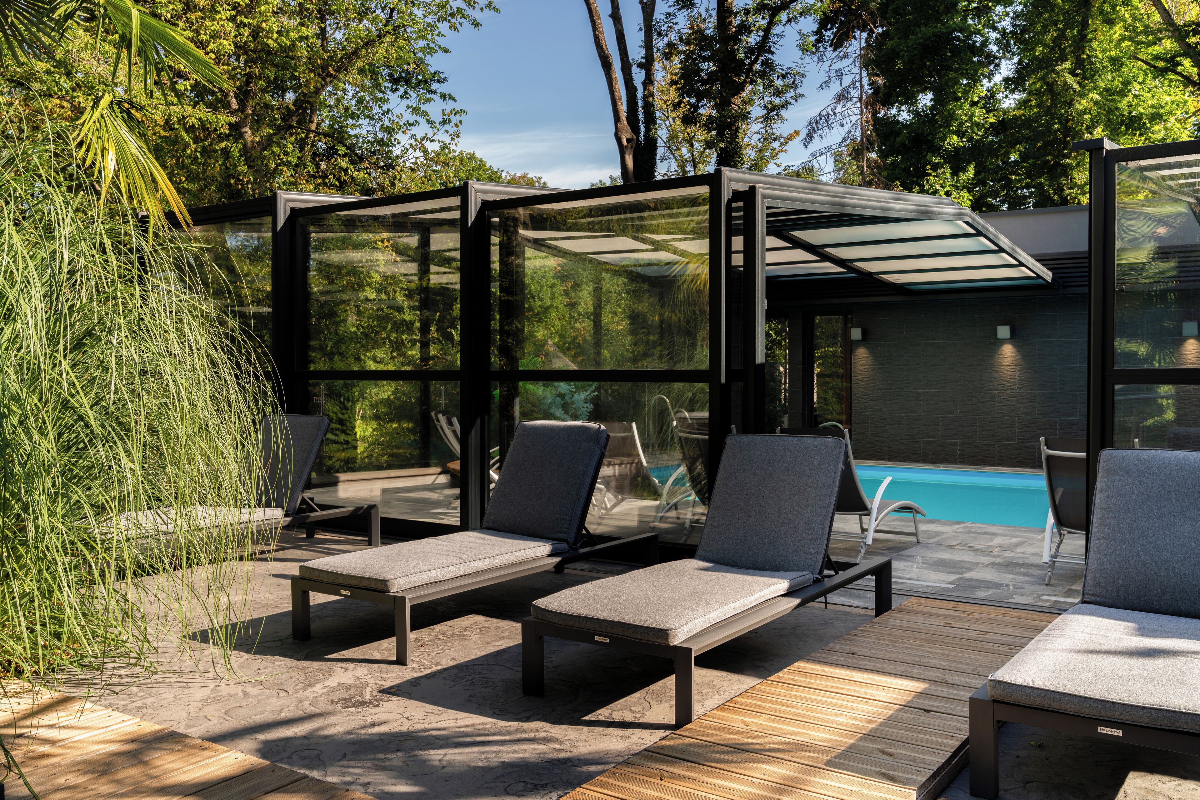 Indoor pool, open 9:30 AM to 8:30 PM, pool umbrellas, sun loungers